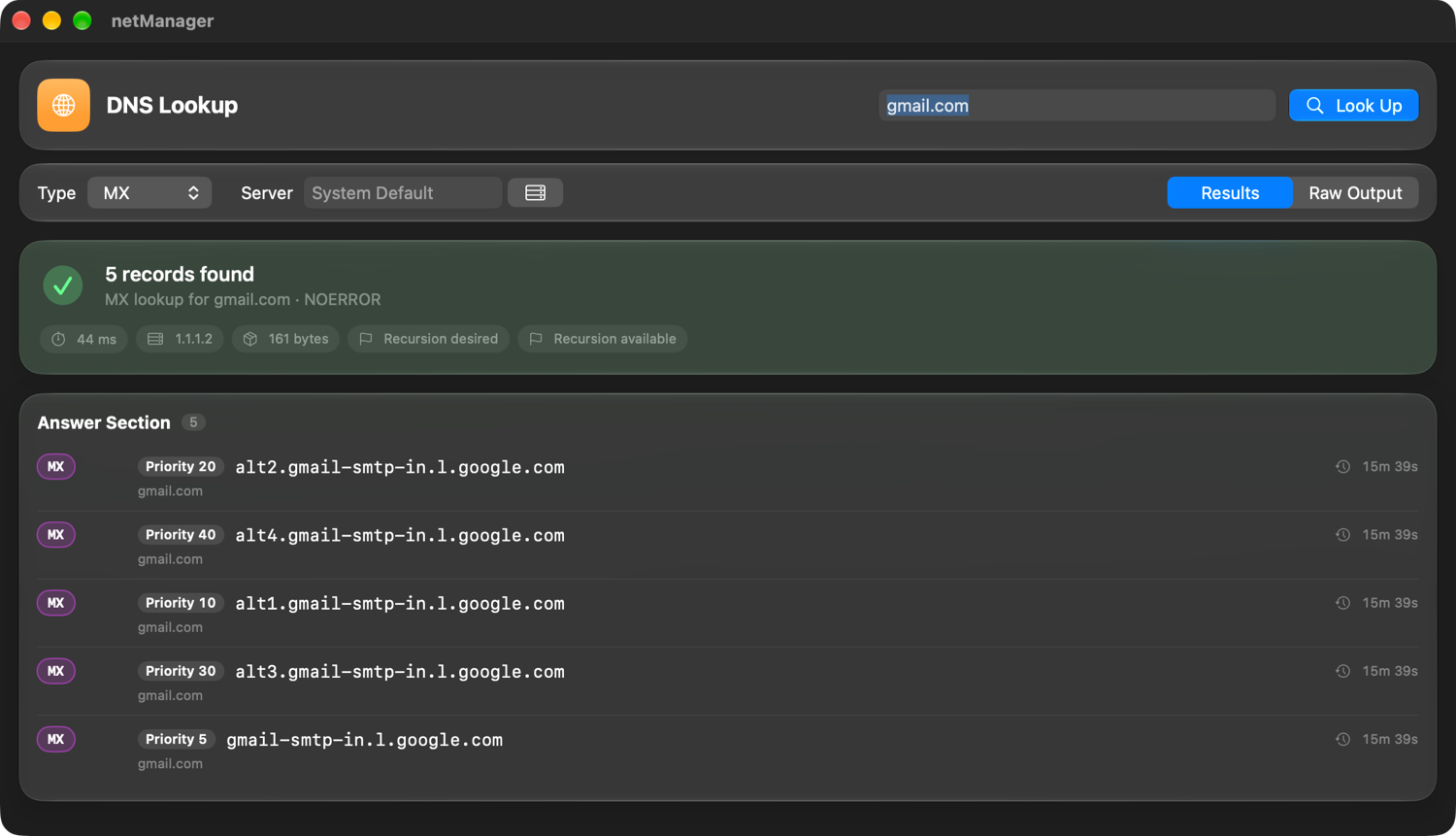 netManager DNS Lookup showing five MX records for gmail.com with priorities and TTLs.