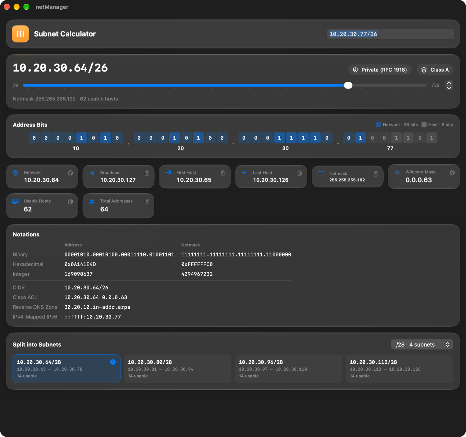 netManager Subnet Calculator for 10.20.30.64/26 showing address bits, values, notations and a subnet split.