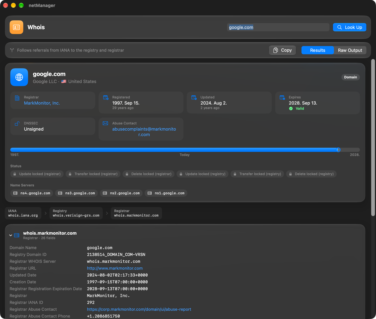 netManager Whois for google.com showing registrar, dates, expiry status, domain locks, name servers and the referral chain.